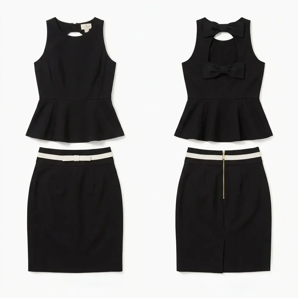 Kate Spade 2 Pc Set Peplum Bow Back Top Ivory Trim Pencil Skirt Size 2 Black
